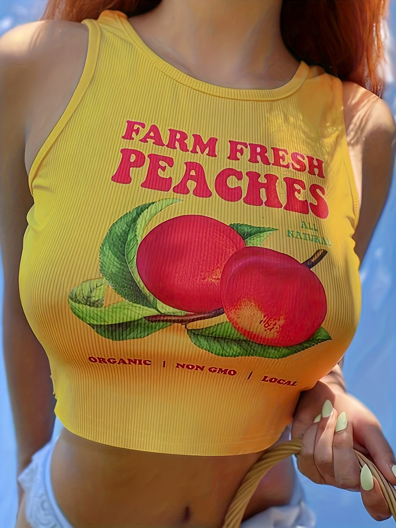 Y2K Sleeveless Crop Tank Top - Peach Print Crew Neck - Women's Spring & Summer Clothing